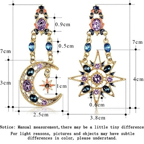 Sun Moon Stars Drop Earrings Gem Crystal Rhinestone Gold Boho Vintage Statement - Picture 3 of 5